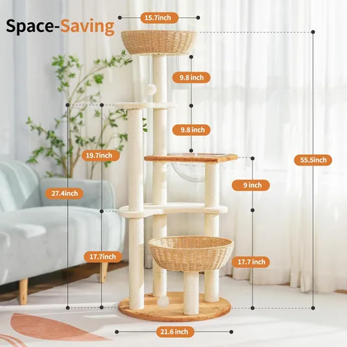 Miniatura 3 de Moderna torre de árbol para gatos de interior, condominio de madera de varios niveles con nido de cápsula espacial, cesta tejida a mano para gatos
