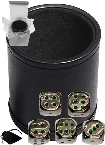 Miniatura 11 de Cyber-Deals Juego de dados de piel sintética negra con forro de fieltro negro de felpa + dados de metal de aleación de zinc de 0.630 pulgadas, caja
