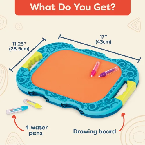 Miniatura 4 de B. toys Tablero de dibujo de agua, juguete de viaje portátil, 4 bolígrafos, tablero de doble cara para niños pequeños, niños mayores de 18 meses