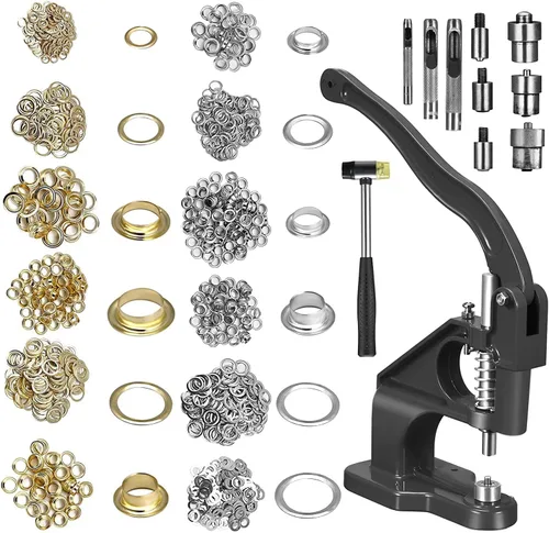 Kit de prensa de ojales de 3000 piezas, máquina de prensa manual de hierro fundido, 3 juegos de troqueles | Includes 3000 grommets, silver and gold,