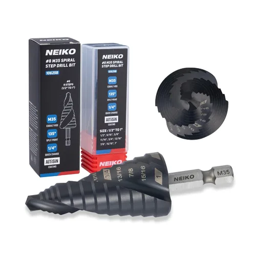 Miniatura 61 de NEIKO 10602B Step Drill Bit, 13 Steps 1/8" to 1/2" Spiral M35 Cobalt, AlTiSiN Coated, 1/4" Quick Change Step Bits for Steel, Metal, Wood, Plastic