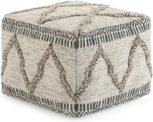 SIMPLIHOME Sweeney Puf cuadrado – 18 pulgadas de ancho tapizado de lana y algodón tejido a mano otomano en gris y natural, reposapiés estilo