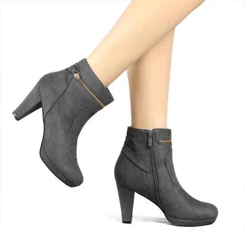 Miniatura 2 de Allegra K Botas de tacón medio de tobillo con punta redonda para mujer