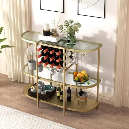 Miniatura 5 de O&K FURNITURE Mesa de bar para el hogar con estantes de vino, mesa de bar de vino de 3 niveles con soportes para vidrio, gabinete de vino