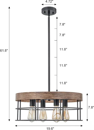 Miniatura 2 de Candelabro industrial de granja de 19.7 pulgadas, 4 luces, estilo rústico, con textura de grano de madera y pantalla de metal negro para comedor