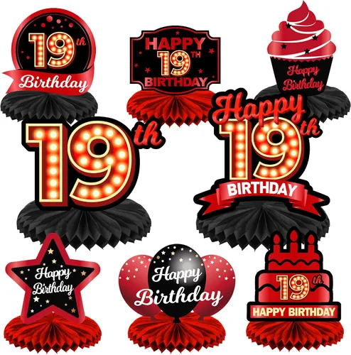 Miniatura 44 de Feliz Cumpleaños 15 Centros de Mesa de Panal Rojo y Negro Globos Decoración Temática de Mesa Decoraciones de Mesa Adornos de Mesa para Niñas Mujeres