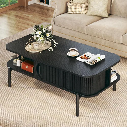 Mesa de café, mesas de café modernas de mediados de siglo de 39.4" para la sala de estar, mesa de café con almacenamiento, estante abierto, mesa