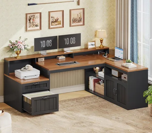 SEDETA 59" L Shaped Desk with Drawers, Farmhouse Corner Computer Desk, Wood Office Desk with File Drawers with Storage, Home Office Desks with