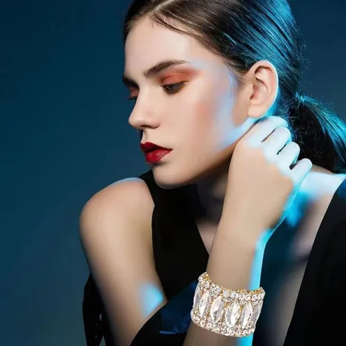 Miniatura 2 de Elegante brazalete elástico de doble fila con forma de marquesa de cristal para novia, joyería para mujer