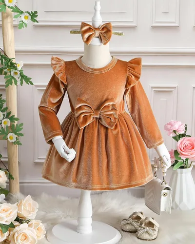 Miniatura 3 de Kucnuzki Vestido de terciopelo para niña pequeña, vestido de terciopelo sólido para niña, vestido de princesa casual para fiesta de otoño