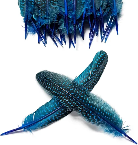 Miniatura 3 de HAPPY FEATHER Plumaje natural de ala de Guinea de 6 a 9 pulgadas para manualidades, decoración de joyas y ropa, paquete de 20 unidades, color azul