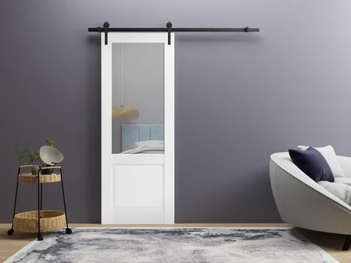 Miniatura 2 de Puerta de granero resistente de 42 x 84 pulgadas Lucia 1533 seda blanca con vidrio transparente Juego de perchas de riel de 8 pies Puertas