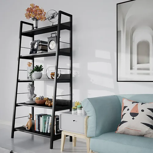 Miniatura 6 de Himimi Estantería de escalera negra alta y estante para libros de 5 niveles, estante industrial moderno de madera con marco de metal, estante