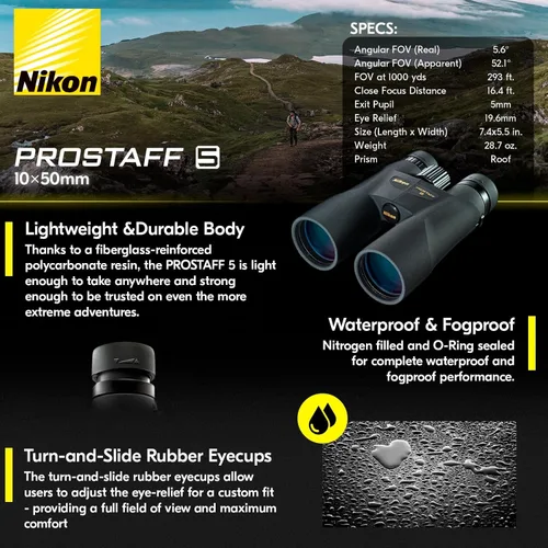 Miniatura 7 de Nikon PROSTAFF 5 prismáticos de 0.394 x 1.969 in, óptica multicapa de alta definición, impermeables, a prueba de niebla, ligeros, para exteriores