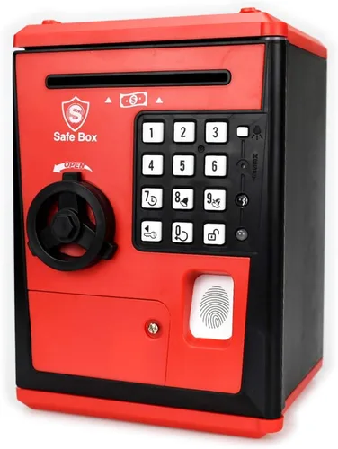LIKE Caja de Seguridad Hucha Juguetes para Niños con Huella Dactilar, Banco de Ahorros con Cajero Automático, Máquina de Monedas para Niños (Rojo)