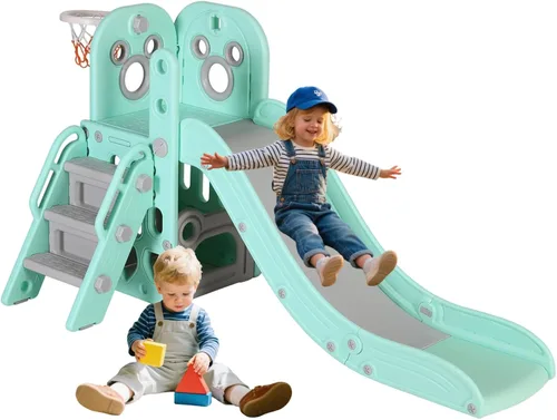 Miniatura 10 de MAMIZO Tobogán 6 en 1 para niños pequeños, tobogán extra largo para niños, juego de escalada para interiores y exteriores, con aro de baloncesto