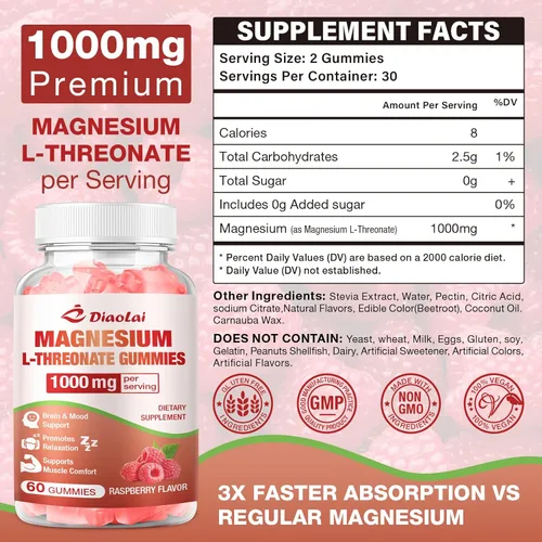 Miniatura 2 de Gomitas de magnesio L-treonato de 1000 mg - Suplemento cerebral para memoria y concentración para adultos y niños - Sin azúcar, sin OMG, sabor a
