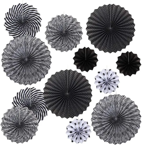 ONUPGO Paper Fans - Juego de abanicos de papel para colgar en fiestas, color negro, 12 unidades, decoración de fiesta mexicana, pancarta colgante