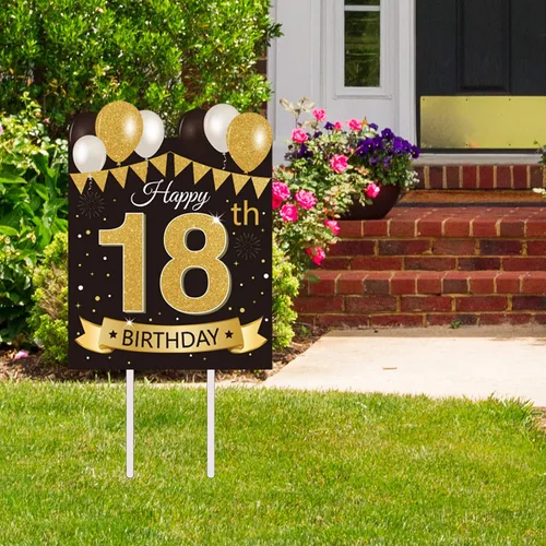 Miniatura 8 de Letrero grande de patio para fiesta de feliz cumpleaños número 13, negro dorado, letreros de patio de cumpleaños 13 con estacas y decoraciones