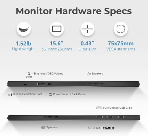 Miniatura 4 de UFYQL Monitor portátil para computadoras portátiles, pantalla IPS FHD 1080P de 15.6 pulgadas, altavoces integrados, USB-C/HDMI, incluye funda