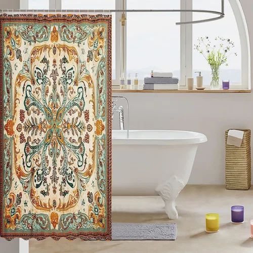 Miniatura 3 de Cortina de ducha verde naranja quemado, cortina de ducha de tela floral bohemia bohemia bohemia para niños y mujeres, cortinas de baño impermeables