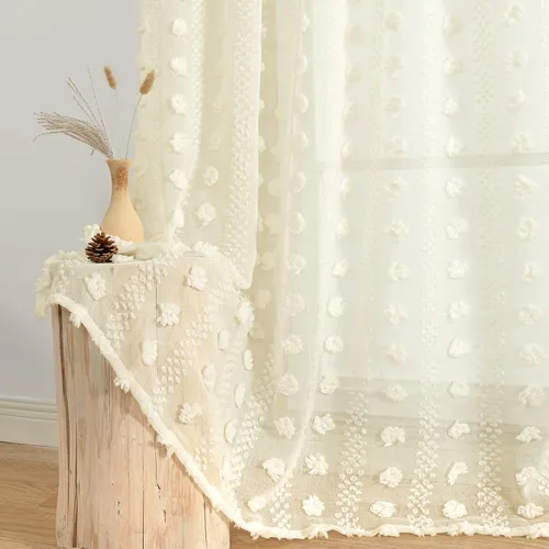 BGment Cortinas traslúcidas con pompones de 63 pulgadas de largo, cortinas bohemias texturizadas filtrantes de luz con bolsillo para barra y pestaña