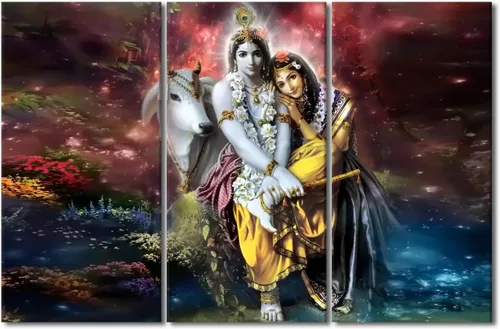 Miniatura 35 de Pintura india hindú Dios Señor Krishna imágenes sobre lienzo, arte de pared de 3 piezas, arte de pared moderno, decoración del hogar para sala