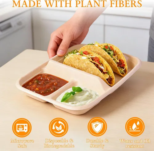 Miniatura 2 de tchrules 25 platos de tacos desechables para 2 tacos y 2 lados, soportes de papel prémium para tacos de martes y bar, suministros de decoración (25)