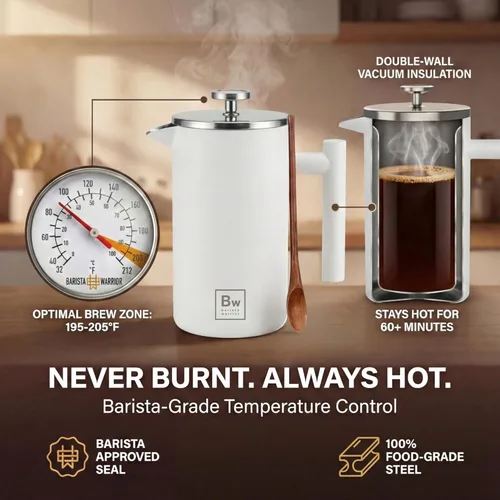 Miniatura 4 de Barista Warrior Prensa francesa con termómetro, prensa de café aislada, cafetera de acero inoxidable (1.0L 34 fl oz) (blanco)