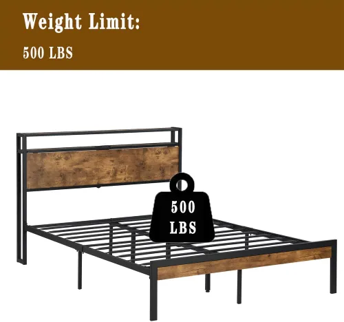 Miniatura 4 de Base de cama industrial tamaño matrimonial, marco de cama de plataforma con tomas de corriente y 2 puertos USB y con cabecera de almacenamiento de 2