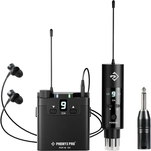 Phenyx Pro Sistema de Monitor Inalámbrico UHF In-Ear, Sistema IEM Profesional con Monitoreo Estéreo, 16 Frecuencias, Rango de 200 pies, Transmisor y