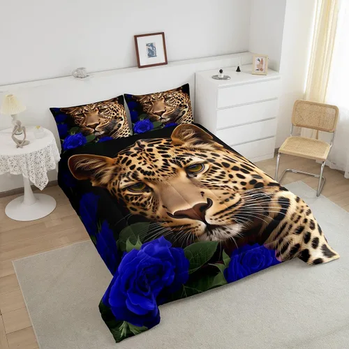 Miniatura 2 de Erosebridal Juego de ropa de cama de guepardo con rosa azul, juego de edredón con estampado de leopardo y gato, edredón romántico de plumón