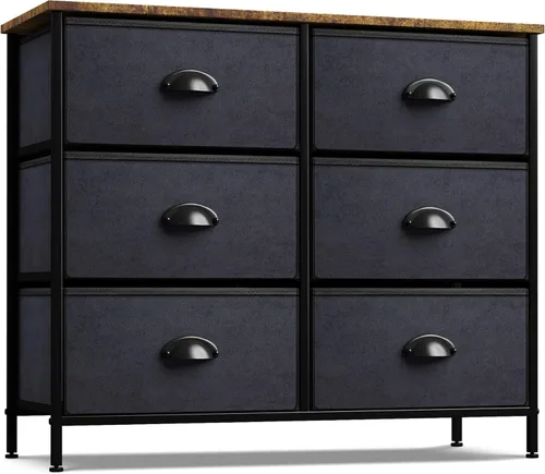 Sorbus Cómoda con 6 cajones de tela, mueble de dormitorio, mueble de almacenamiento, torre para dormitorio, pasillo, armario, organización de Negro