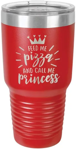 Miniatura 16 de Vaso grabado con pajita y tapa superior deslizante de acero inoxidable para viaje con texto en inglés "FEED ME PIZZA AND CALL ME PRINCESS