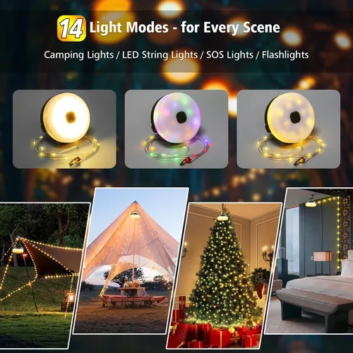 Miniatura 3 de Cadena de luces de campamento de 33 pies, 100 LED, 4 en 1, recargable, 100 LED, para exteriores, con 14 modos de iluminación, control remoto