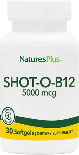 NaturesPlus Shot-O-B12 - 30 cápsulas blandas - 5000 mcg - Apoya la energía y la salud inmunológica - Sin gluten - 30 porciones