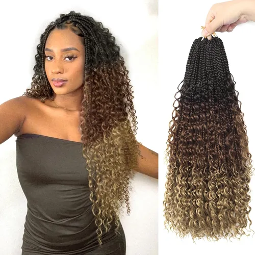 Miniatura 53 de Goddess Box Braids - Trenzas de cabello a ganchillo con extremos rizados, trenzas de caja bohemianas de 16 pulgadas, trenzas de ganchillo, 8 1B-4-30