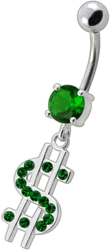 Miniatura 2 de Fancy US Dollar Sign Dangling 925plata esterlina con barriga de acero inoxidable Botón Ombligo Anillos