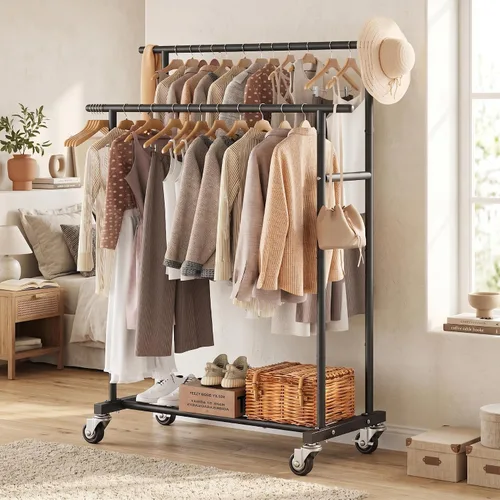 Miniatura 6 de Calmootey Perchero de ropa de doble varilla, organizador portátil para colgar ropa, organizador de ropa rodante para dormitorio, sala de estar, Negro
