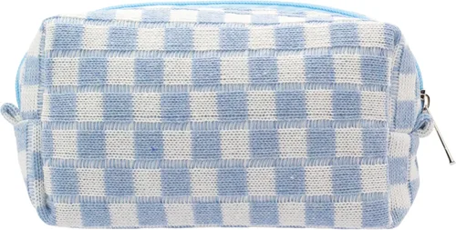 Miniatura 88 de PAZIMIIK Bolsa de Maquillaje a Cuadros para Bolso Portátil con Cremallera, Estuche Pequeño de Cosméticos para Accesorios de Viaje, Azul Ártico