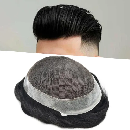 Miniatura 31 de Toupee para hombres Piezas de pelo suizo encaje Real Cabello humano sistema de reemplazo para hombres Toupee Protesis Capilar Para Hombre 7x9