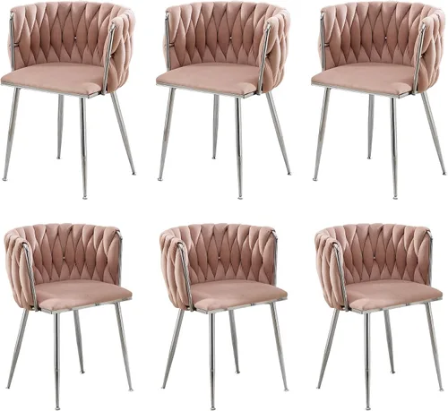 Miniatura 7 de Juego de 2 sillas de comedor de terciopelo, sillas laterales tapizadas tejidas con patas de metal plateado, Sillas de Comedor 2, sillas decorativas