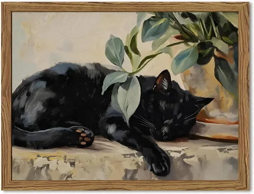 Arte de pared de lienzo enmarcado de gato negro, pinturas de decoración de pared de gato durmiente vintage con imagen de planta, impresiones de