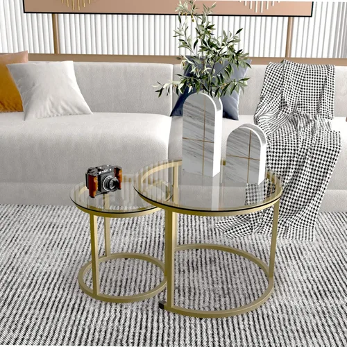 Miniatura 2 de aboxoo Juego de 2 mesas de centro anidables doradas, pequeñas mesas redondas de vidrio para sala de estar, dormitorio, mesa de té decorativa