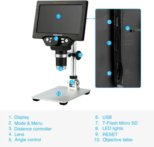 Miniatura 5 de Koolertron Microscopio digital LCD de 7 pulgadas, 12MP 1-1200X aumento 1080P microscopio de moneda con pantalla, 8 luces LED, microscopio de batería