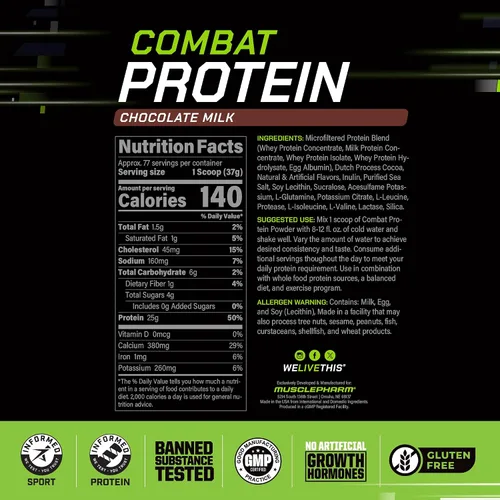 Miniatura 3 de MusclePharm - Proteína en polvo de combate, sabor a leche de chocolate, alimenta los músculos para entrenamientos productivos, 5 fuentes