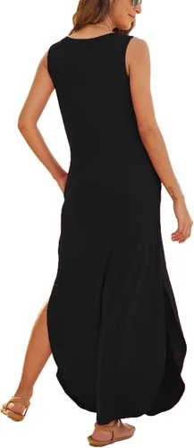 Miniatura 3 de Hount Vestido de verano casual sin mangas para mujer, largo, dividido, maxi con bolsillos