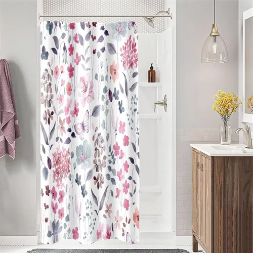 Miniatura 15 de MAYZUS Cortina de ducha con flores azules acuáticas, lindas cortinas de tela con flores para baño, juego de cortinas de tela de aguamarina