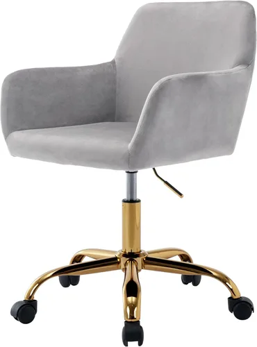 Silla de Escritorio Giratoria de Piel Sintética de 360°, Moderno Sillón de Oficina en Casa Ajustable en Altura con Base Dorada para Adolescentes,