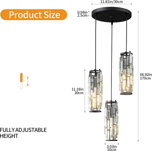 Miniatura 3 de LMQNINE Lámpara colgante de 3 luces negras modernas, mini candelabros de cristal, lámpara colgante ajustable para cocina, isla, comedor, dormitorio